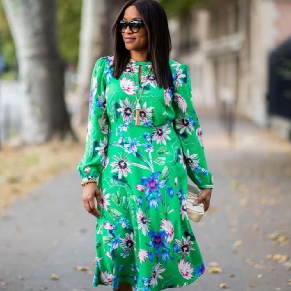 H&M Bloggers' Favorite Tropical Floral Puff Sleeve A-line Keyhole Midi Dress